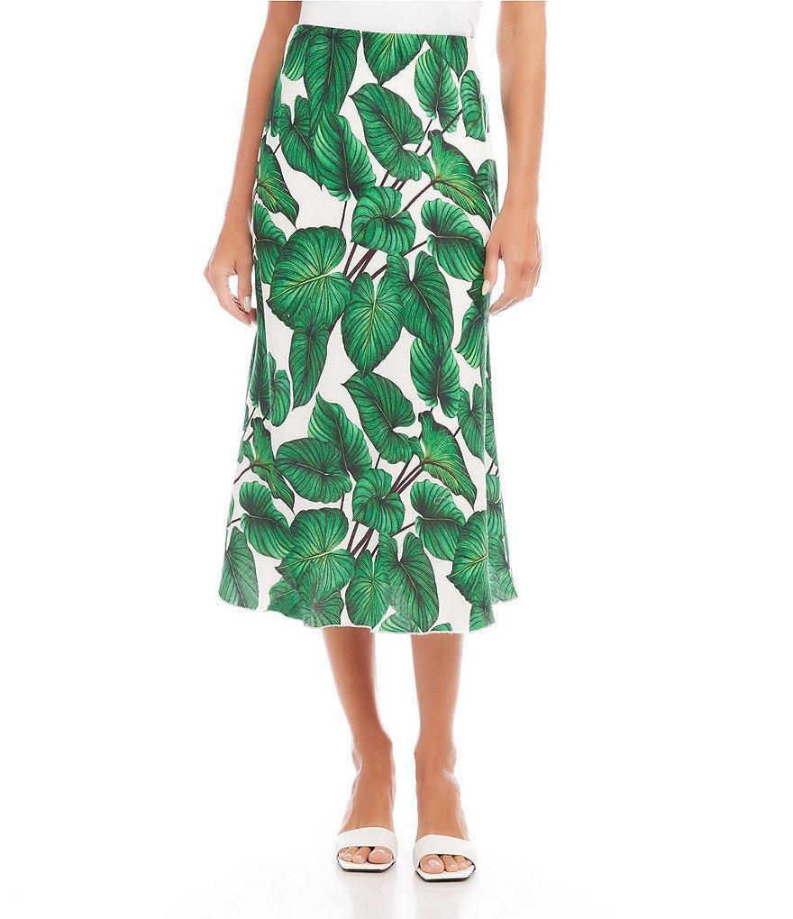 Karen Kane Linen Blend Floral Leaf Print A-Line Bias Cut Midi Skirt Product Image