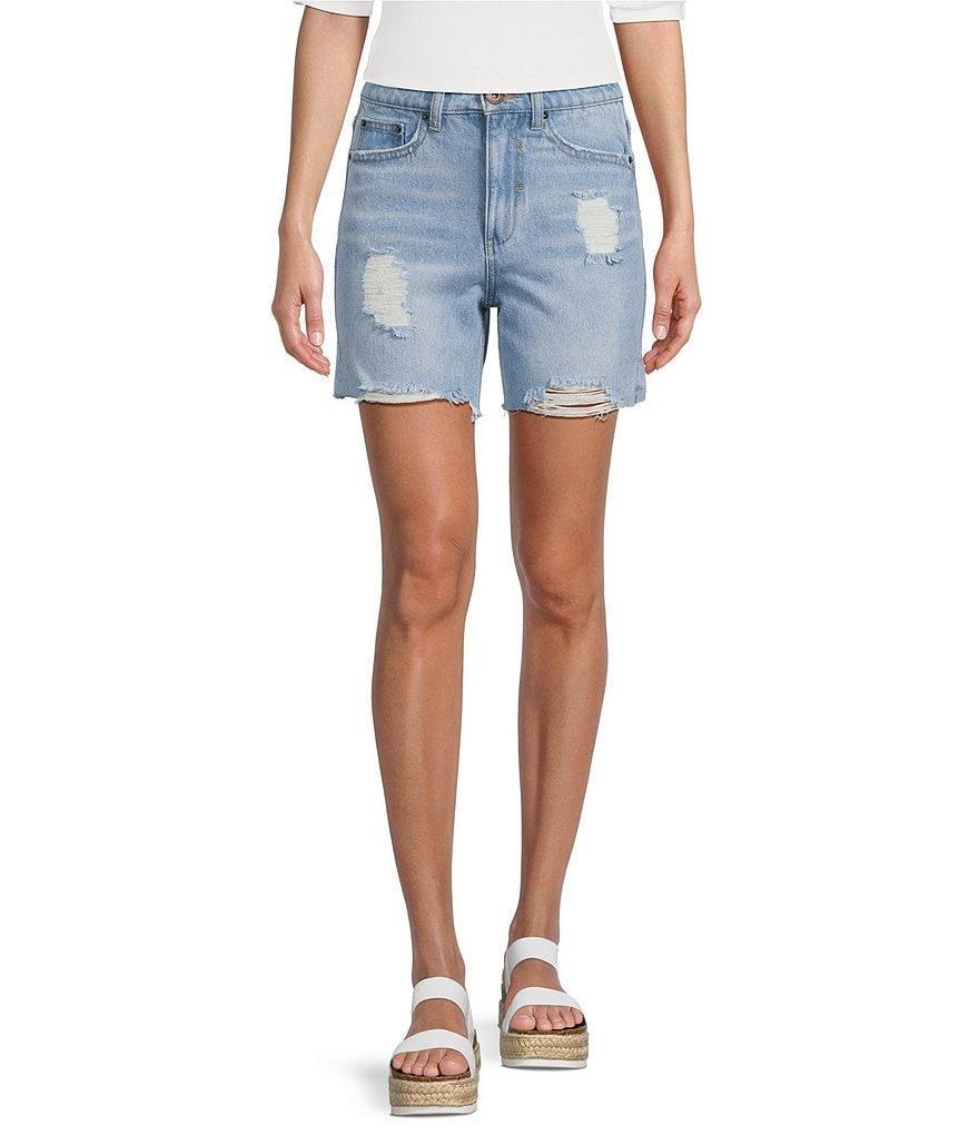 A Loves A Mid Rise Frayed Cut Off Hem Distressed Denim Boyfriend Shorts Product Image