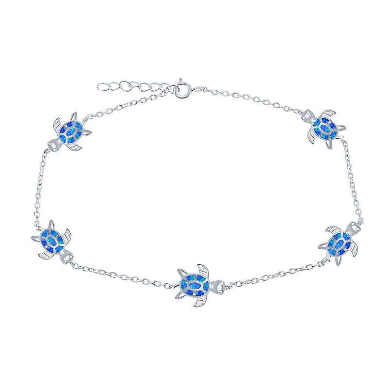 Sterling Silver Lab-Created Opal Sea Turtle Anklet, Womens Blue Product Image