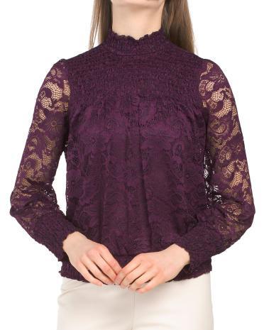 Smocked Mock Neck Long Sleeve Top for Women | Polyester/Spandex/Nylon Product Image