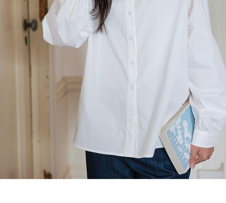 Long-Sleeve Collared Plain Button-Up Blouse Product Image