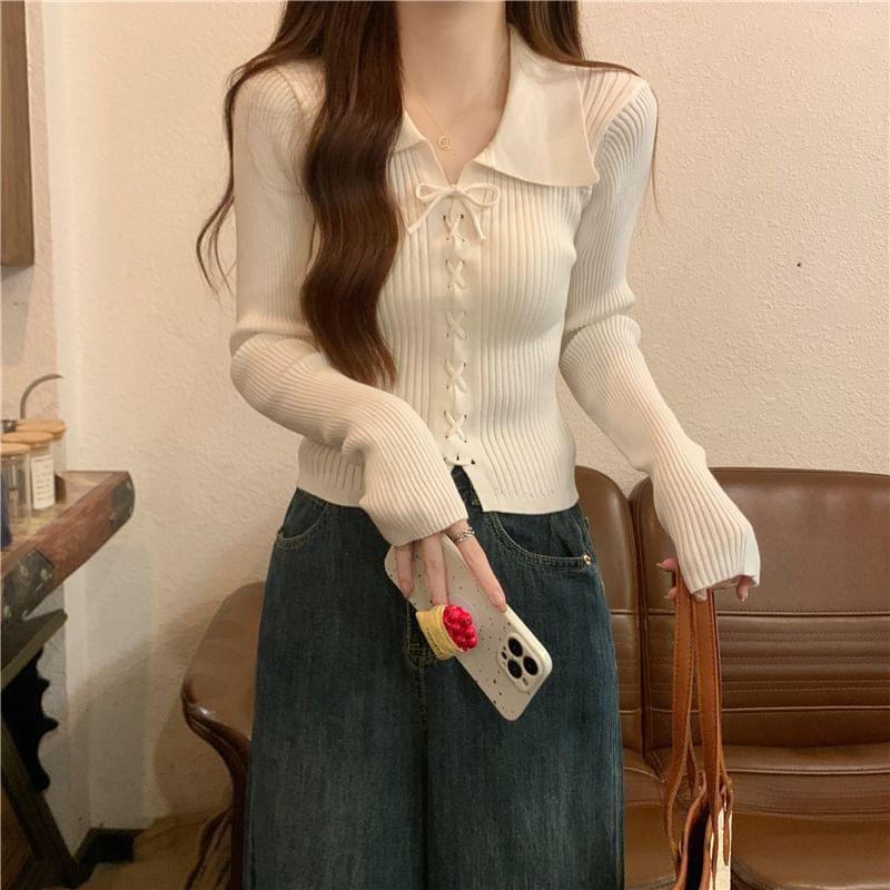 Long-Sleeve Collar Lace-Up Ribbed Knit Top Product Image