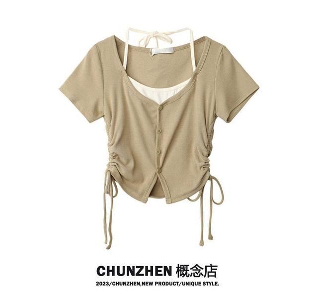 Mock Two-Piece Short-Sleeve Halter-Neck Crop Top Product Image