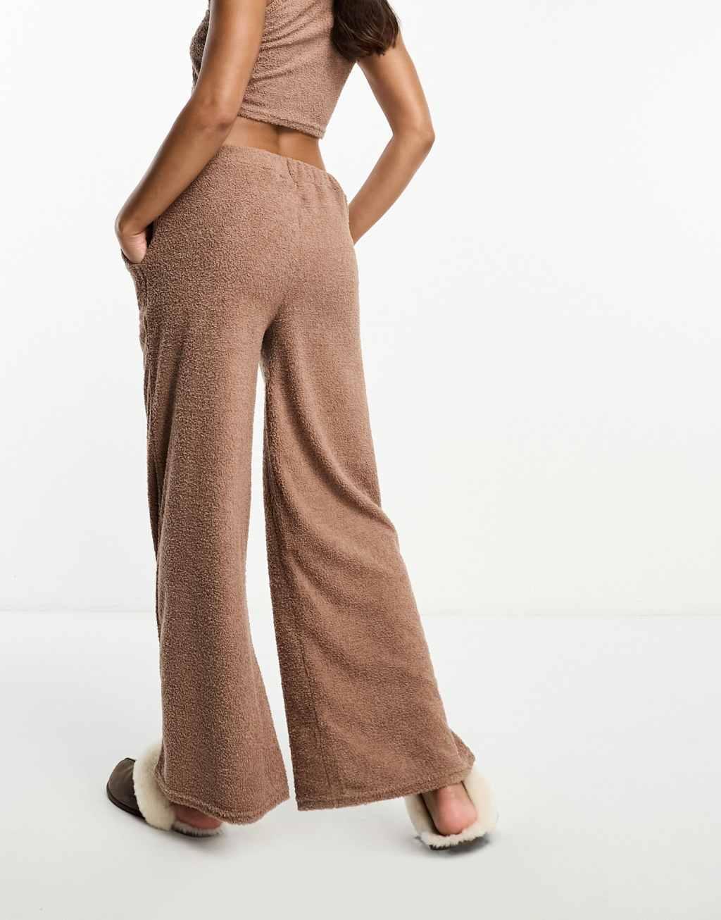 Loungeable soft fuzzy wide leg pants in chocolate brown Product Image