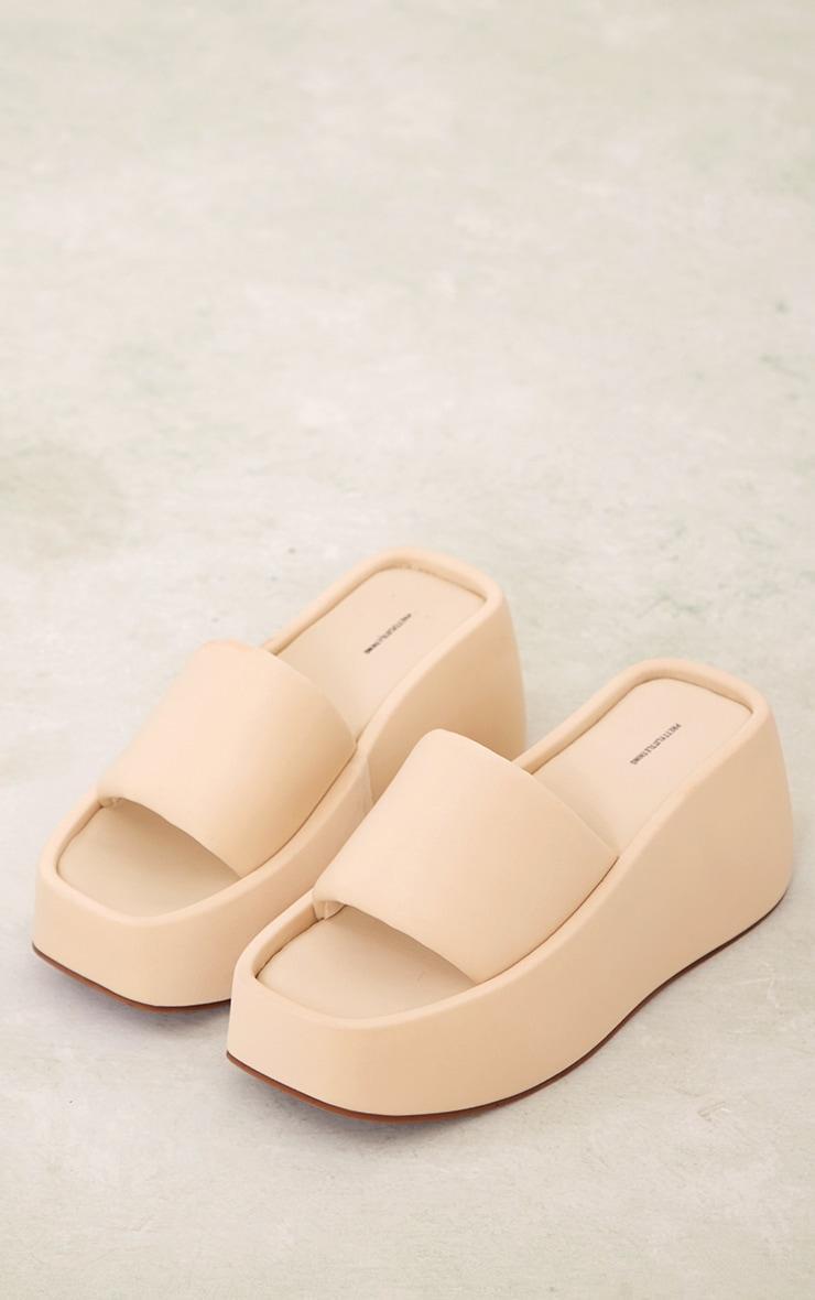  Cream Stretch Chunky Platform Wedge Heel Slides Product Image