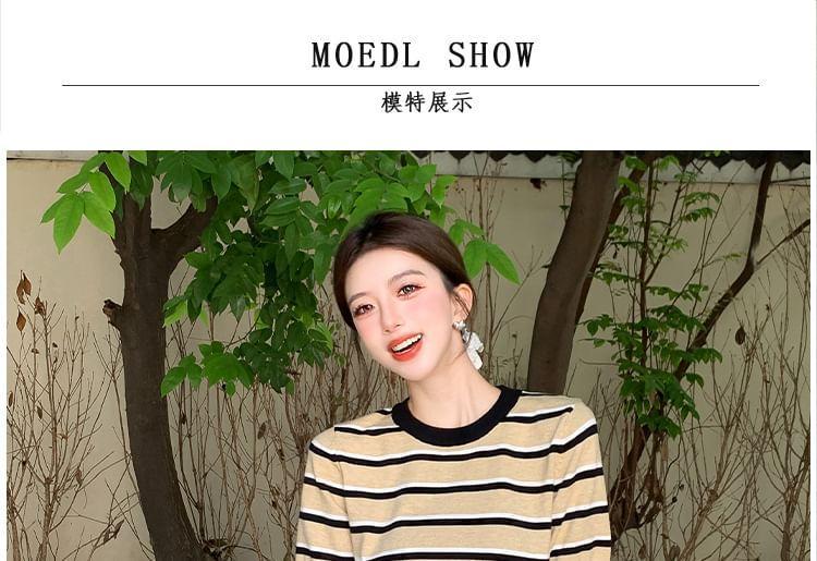 Set: Striped Button-Up Jacket + Short-Sleeve Top + Mini Skirt Product Image