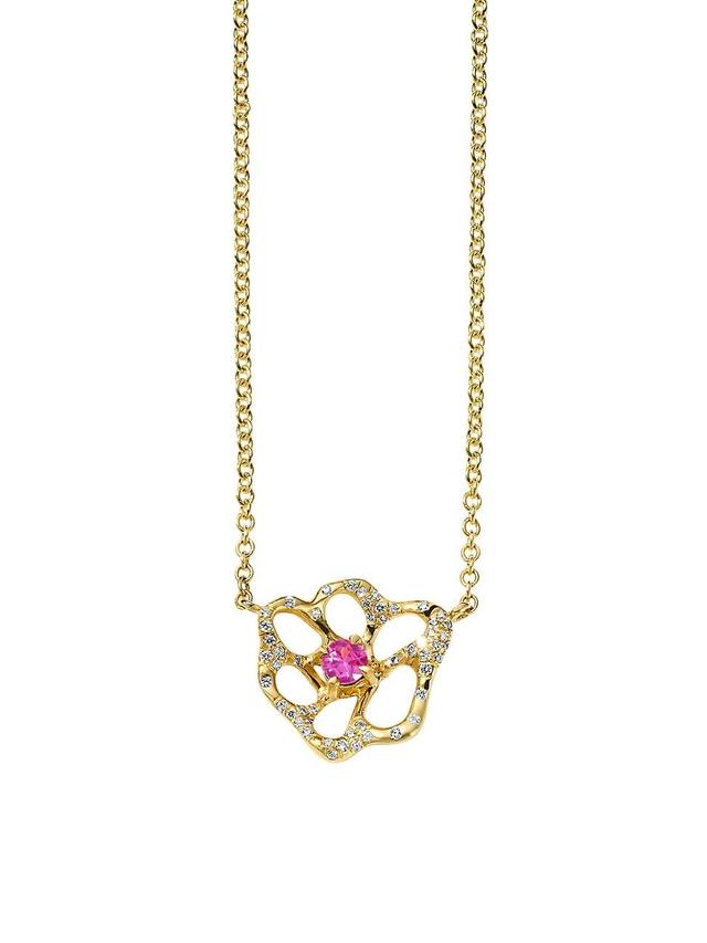 Womens Stardust 18K Yellow Gold, Pink Sapphire & 0.15 TCW Diamond Small Flower Pendant Necklace Product Image