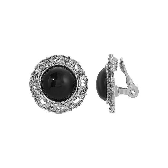 1928 Silver Tone Jet Stone Round Clip-On Earrings, Womens, Black Product Image