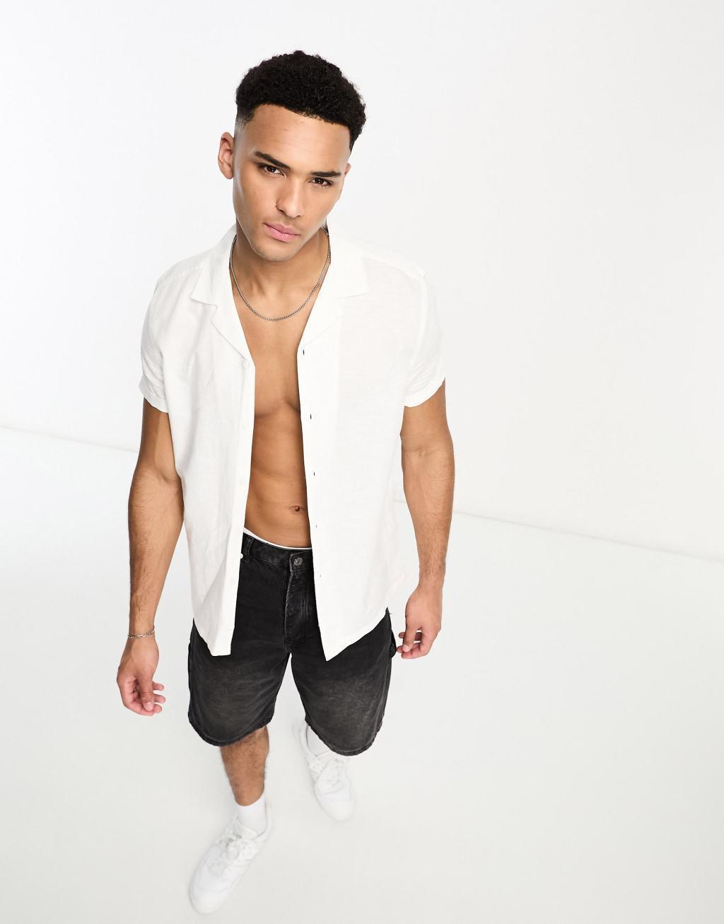 ASOS DESIGN regular linen revere shirt with roll sleeves in white Product Image