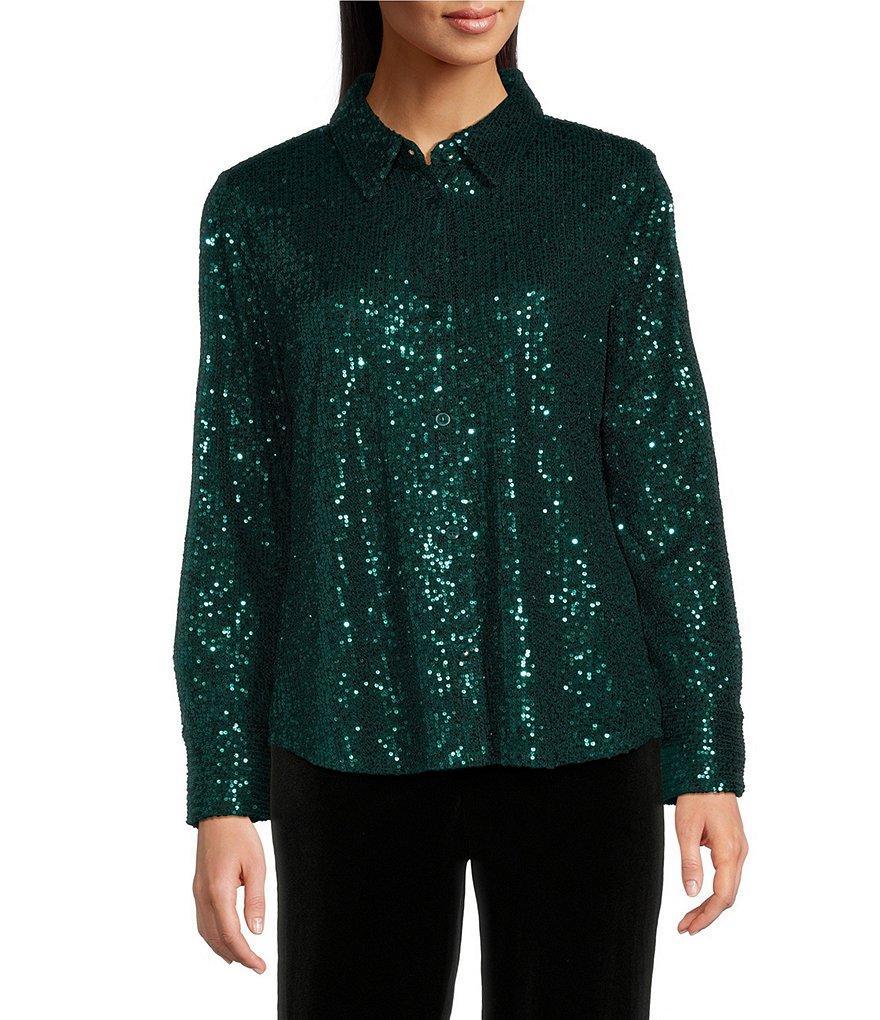 Tru Luxe Jeans Mesh Sequin Button Down Collared Long Sleeve Top Product Image