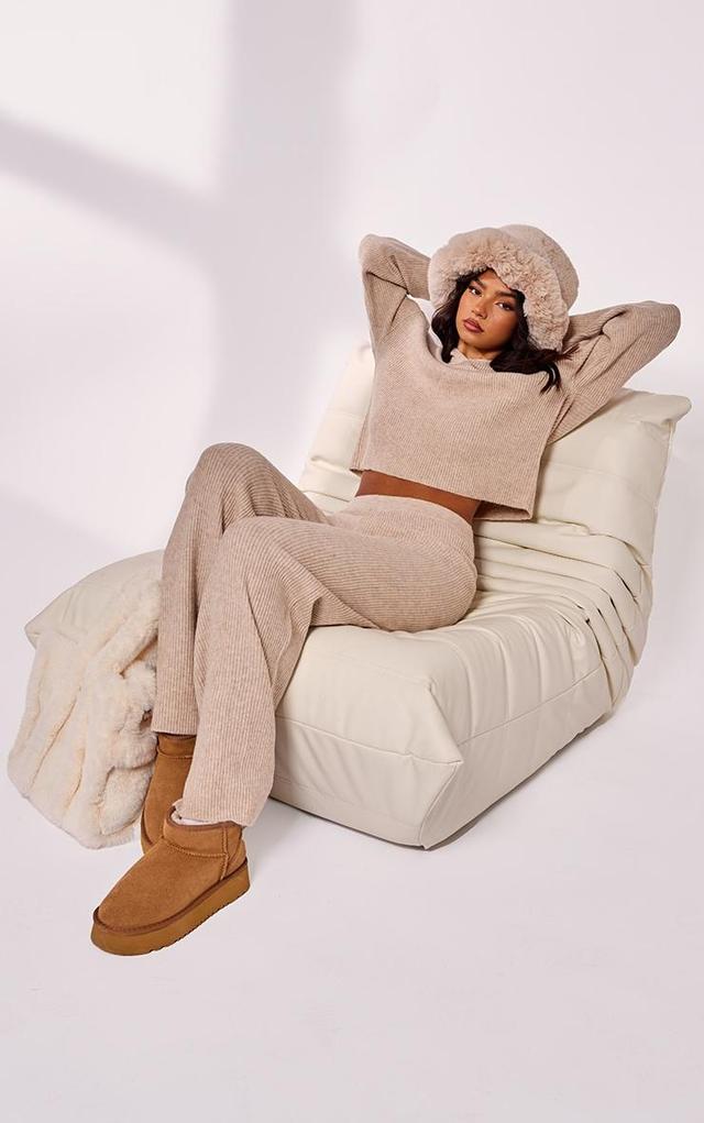 Oatmeal Soft Rib Knit Hooded Sweater With Wide Leg Pants Product Image