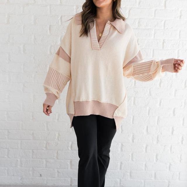 Think About It Cream and Mauve Collared Oversized Sweater Product Image