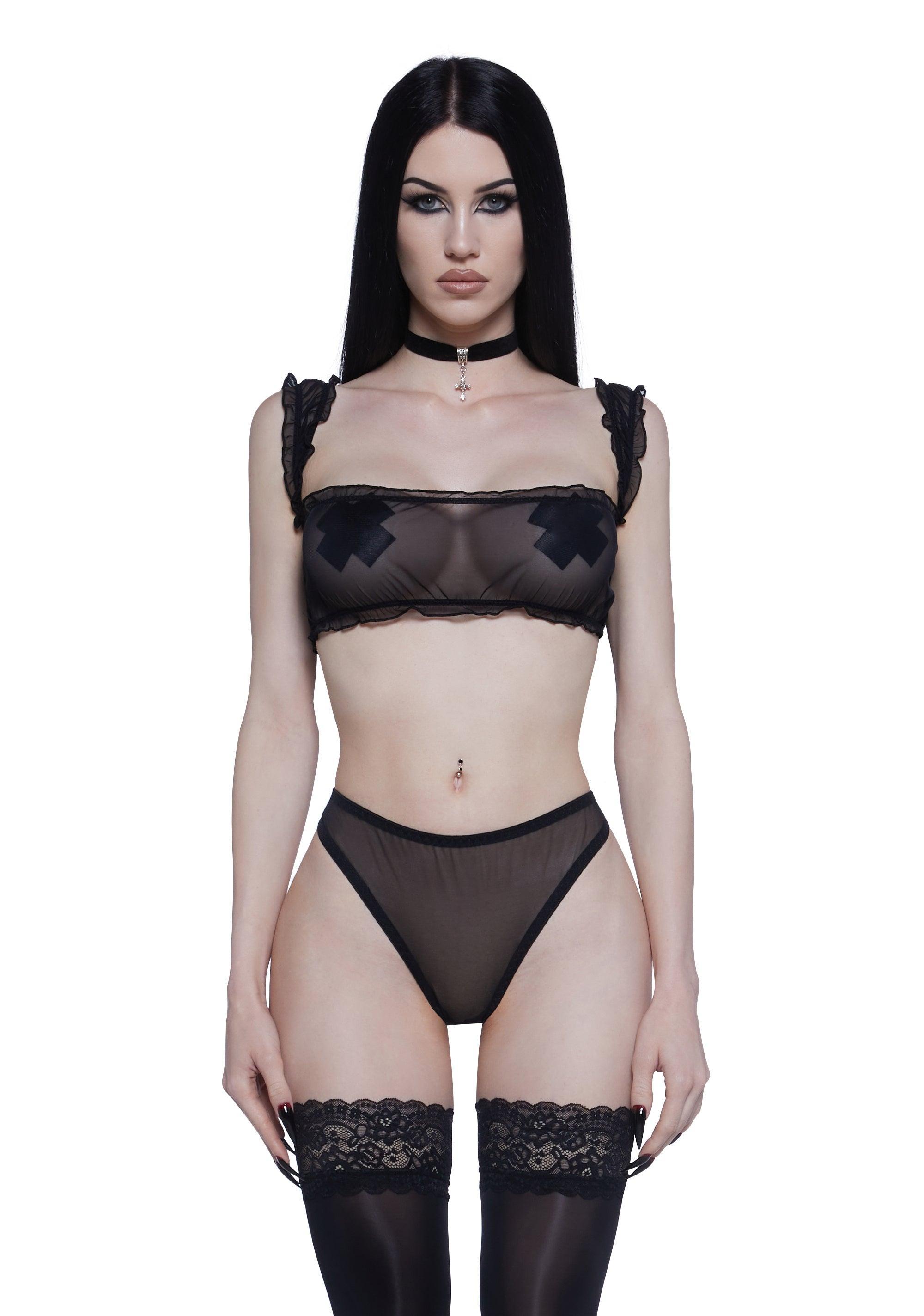 Sheer Mesh Ruffled Bralette Thong Lingerie Set Current Mood - Black Product Image