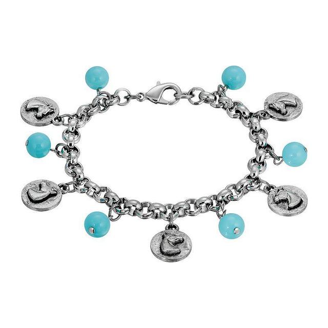 1928 Silver Tone Simulated Turquoise Beads Horse Charm Bracelet, Womens Product Image