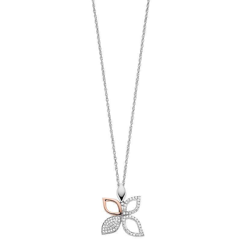 Two Tone Sterling Silver 1/4 Carat T.W. Diamond Flower Pendant Necklace, Womens White Product Image