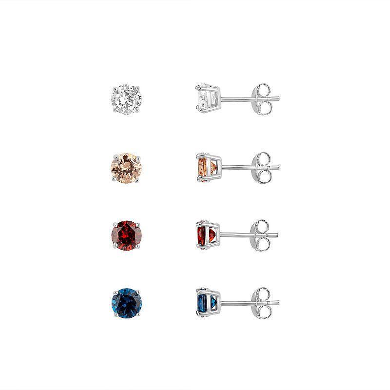 PRIMROSE 4 Pair Sterling Silver Multi Color Cubic Zirconia Stud Earring Set, Womens Product Image