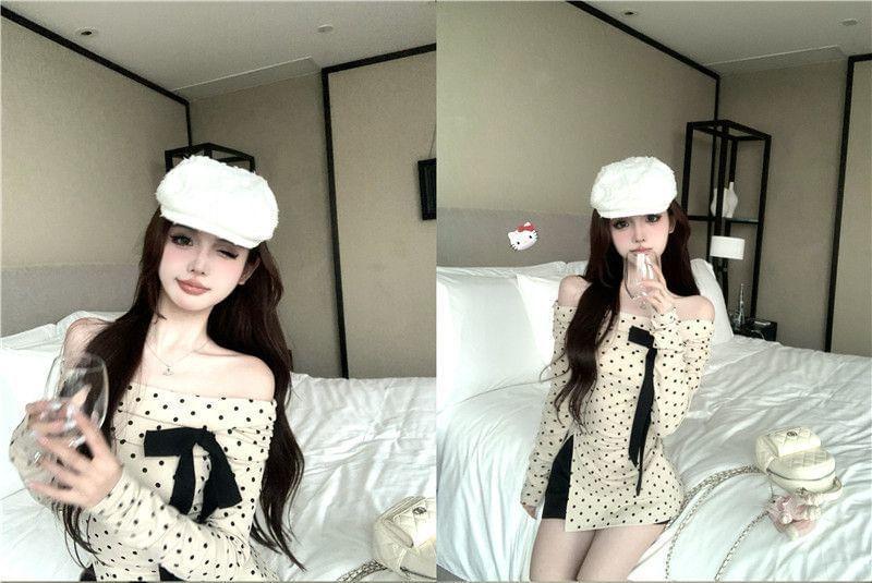 Long Sleeve Off Shoulder Dotted Bow Top Product Image