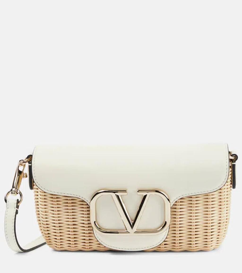 Locò Embellished Leather-trimmed Raffia Shoulder Bag In Neutrals Product Image