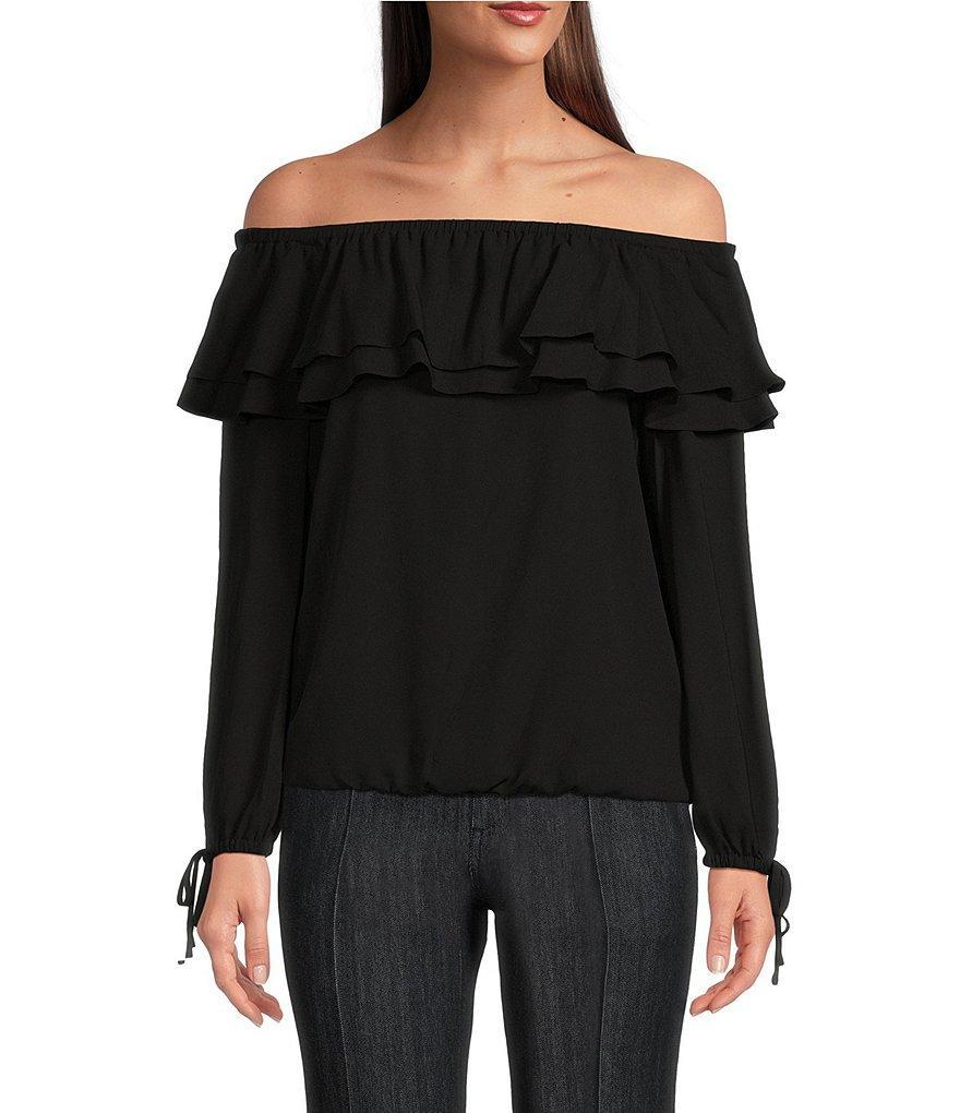 MICHAEL Michael Kors Liquid Crepe Double Layered Ruffle Off-the-Shoulder Long Sleeve Top Product Image