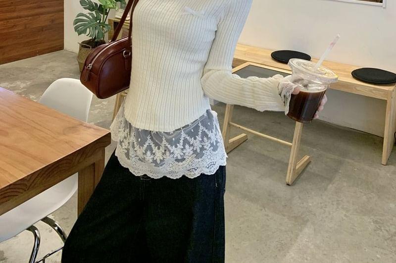 Long-Sleeve Mock Neck Lace Trim Ribbed Top Product Image