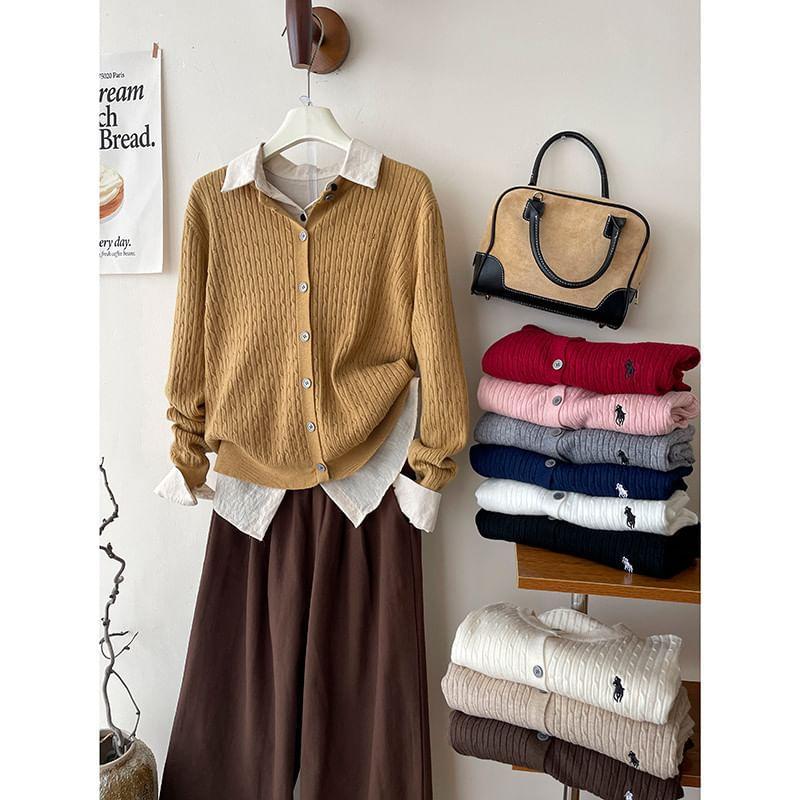 Round Neck Plain Cable Knitted Cardigan Product Image