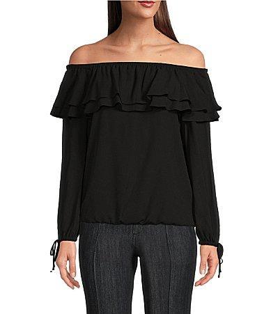 MICHAEL Michael Kors Liquid Crepe Double Layered Ruffle Off-the-Shoulder Long Sleeve Top Product Image