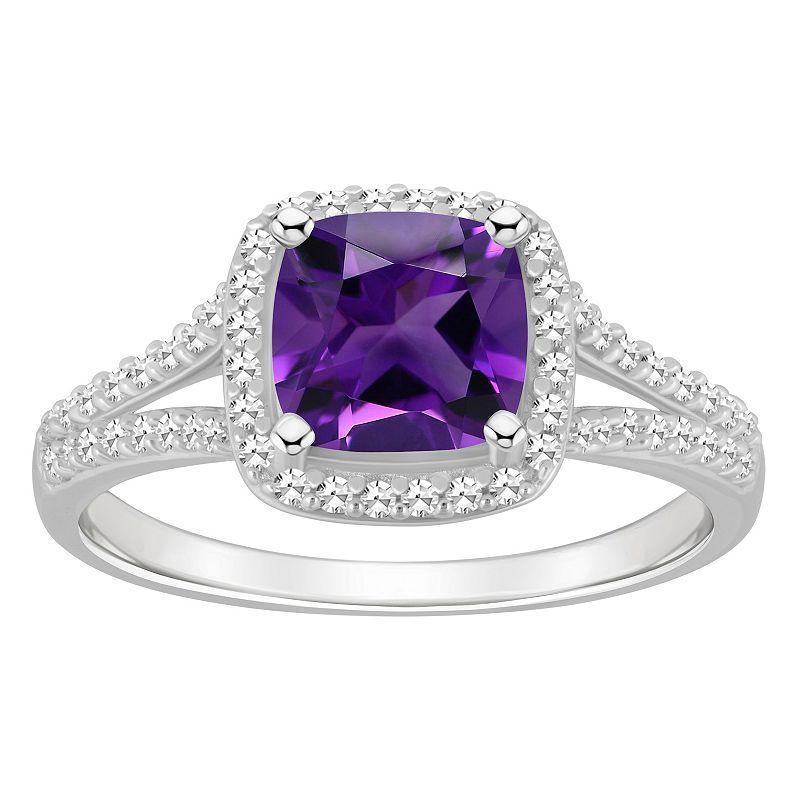 Celebration Gems Sterling Silver 7 mm Cushion Gemstone & 1/4 Carat T.W. Diamond Split Shank Ring, Womens Purple Product Image