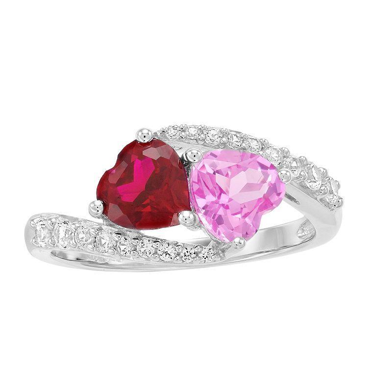 Sterling Silver Lab-Created Ruby & Lab-Created Pink Sapphire Heart Ring, Womens Red Product Image