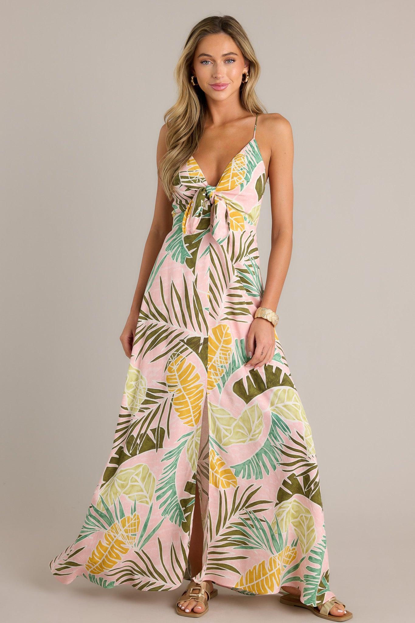 Palm Haven Light Pink Tropical Print Maxi Dress Product Image