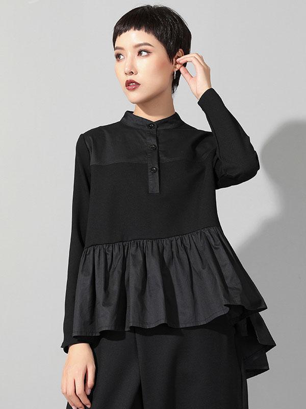 Original Creation Long Sleeves Loose Falbala Split-Joint Stand Collar T-Shirts Tops Product Image