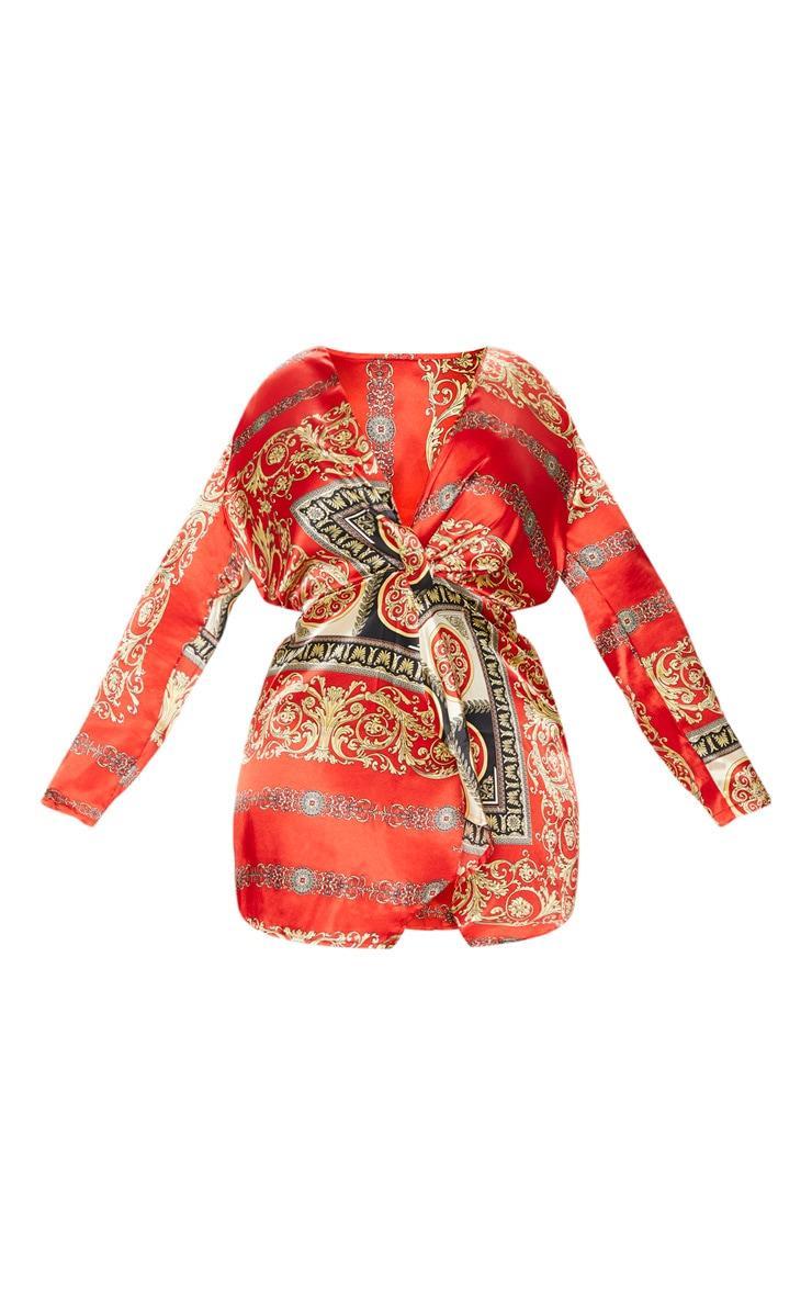 Plus Red Printed Satin Long Sleeve Wrap Dress Product Image