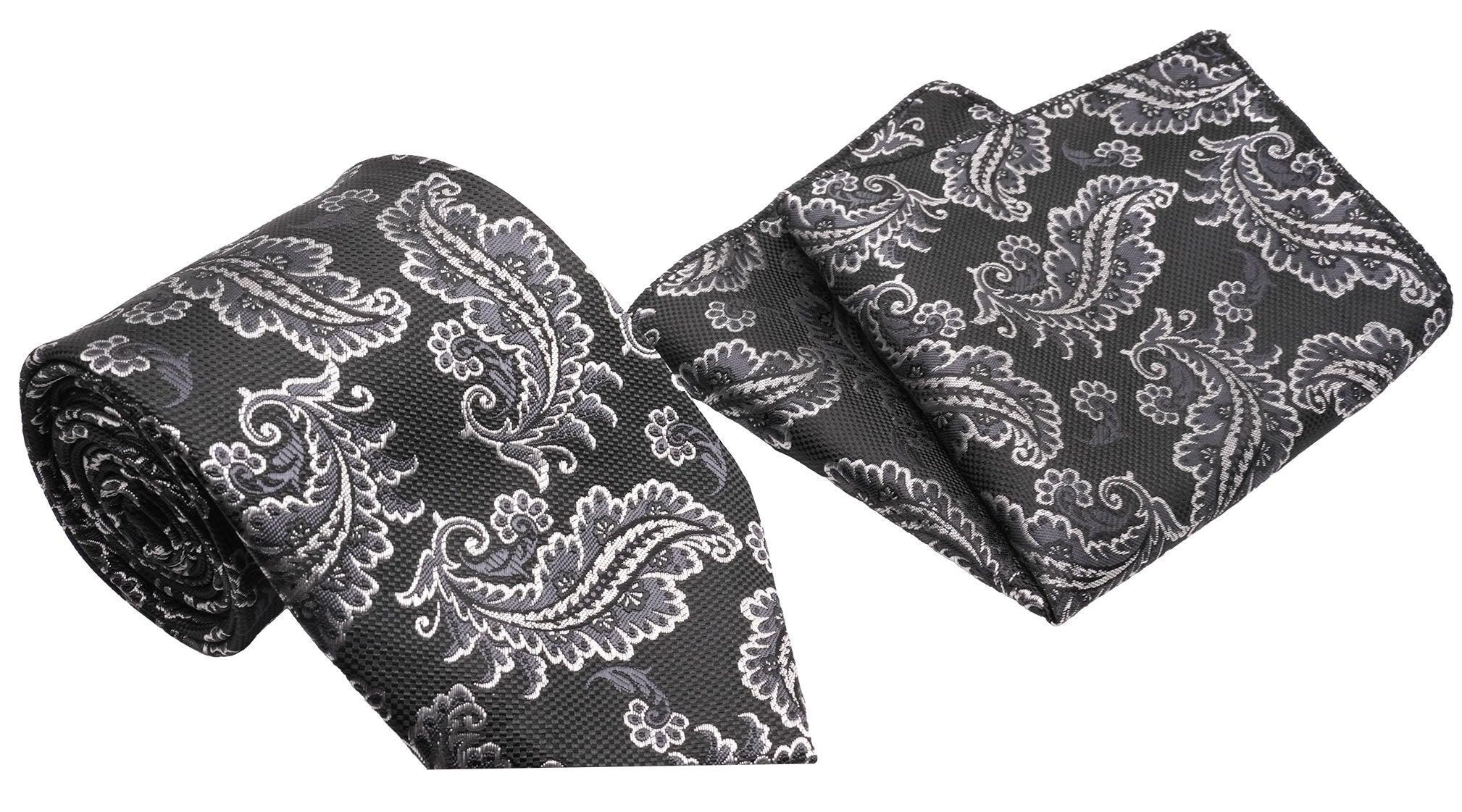 Black Silver Scroll Pattern Men's Classic Tie and Pocket Square Set Male Product Image