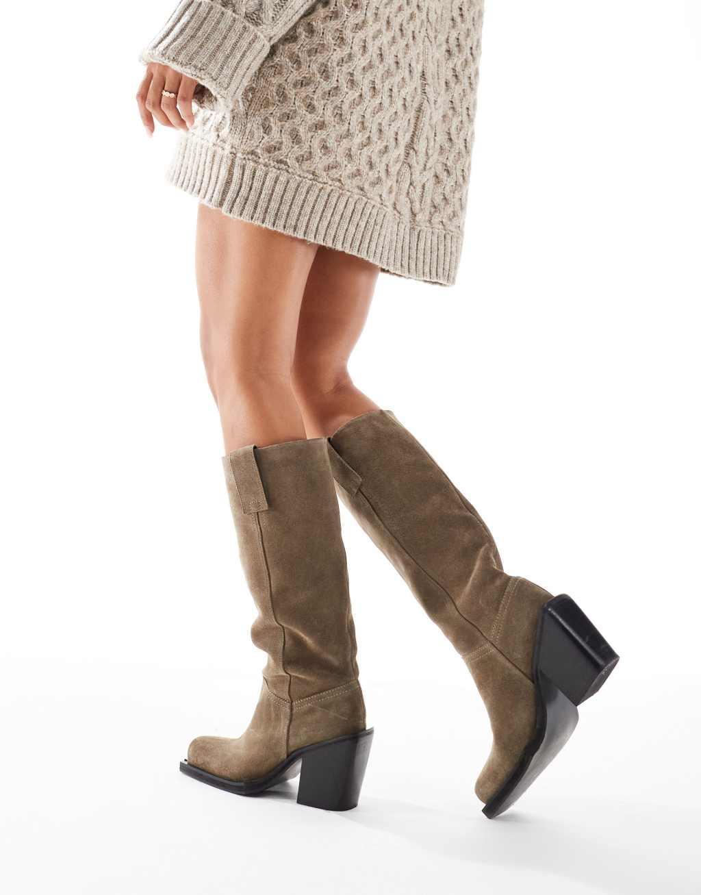 ASOS DESIGN Celia leather western pull on boots in taupe suede Product Image