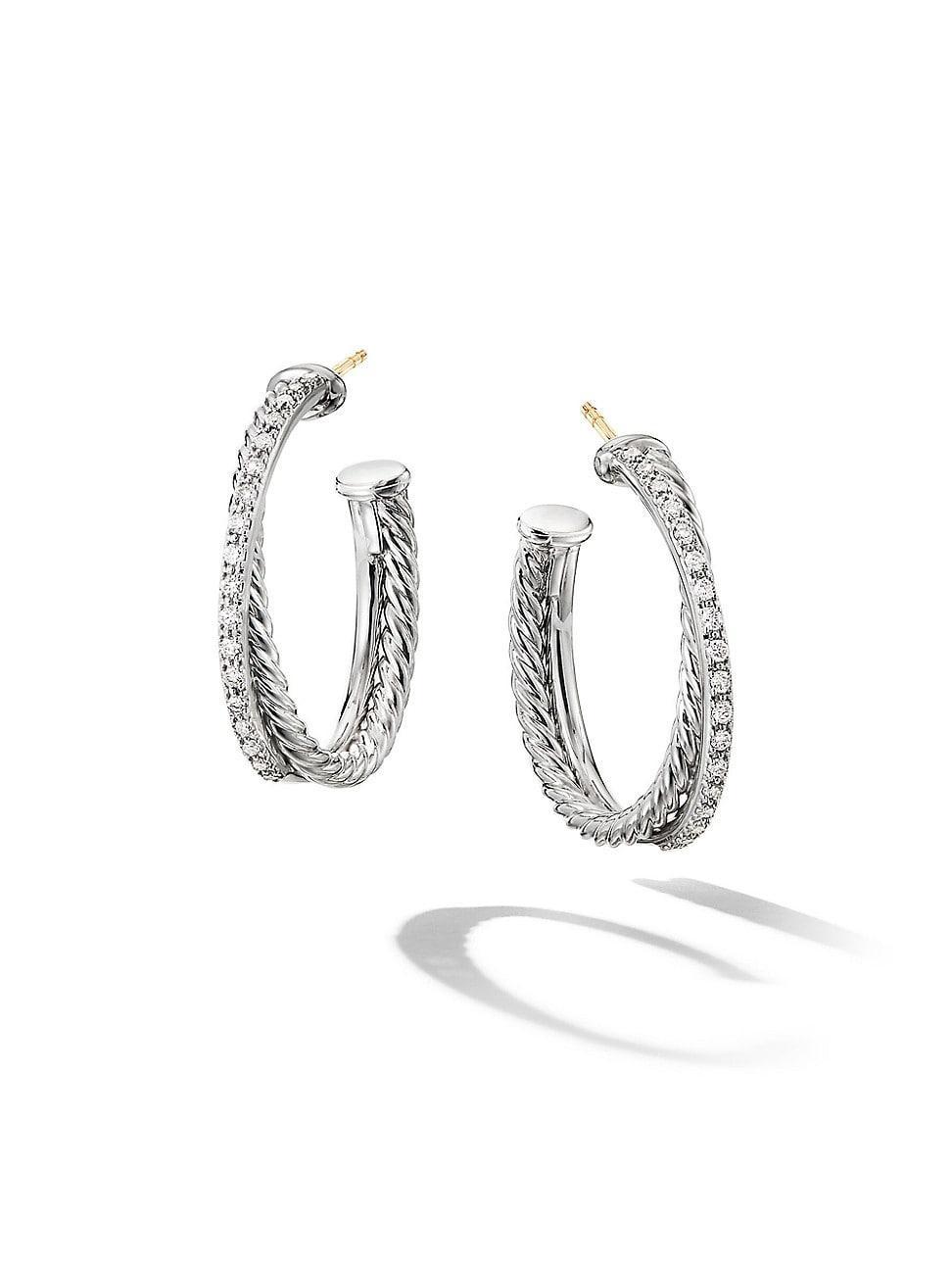 Womens Crossover Hoop Earrings with Pav Diamonds Product Image