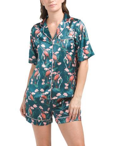 Flamingo Satin Notch Shortie Pajama Set for Women Product Image