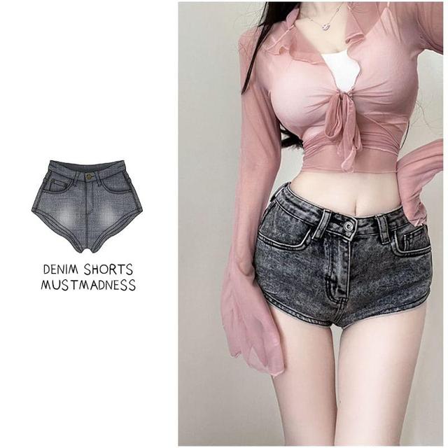 High Waist Washed Denim Shorts Product Image