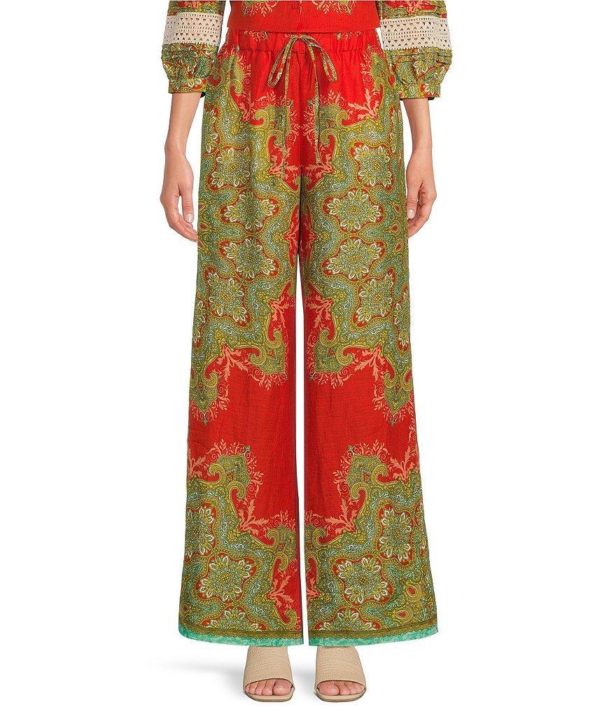 tyler boe Palmer Paisley Medallion Print Cinch Tie Waist Flowy Coordinating Linen Wide Leg Pants Product Image