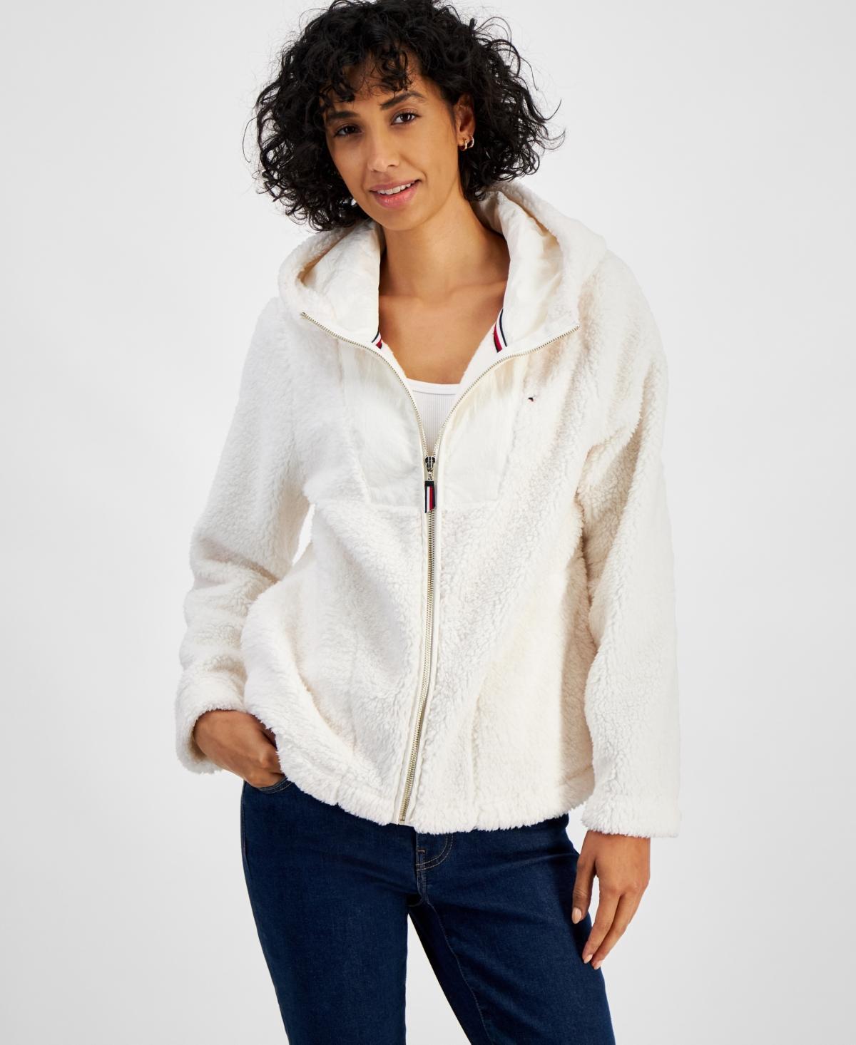 Tommy Hilfiger Womens Sherpa Zip-Front Hooded Sweater Product Image