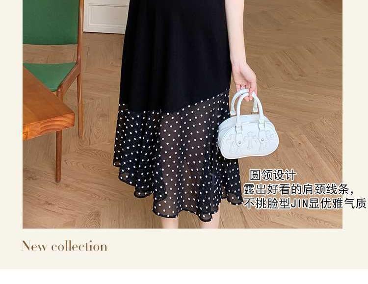 Maternity Short-Sleeve Crew Neck Dotted Panel Midi Sundress Product Image