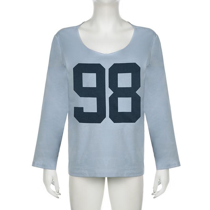 Long Sleeve Scoop Neck Numbering Print T-Shirt Product Image