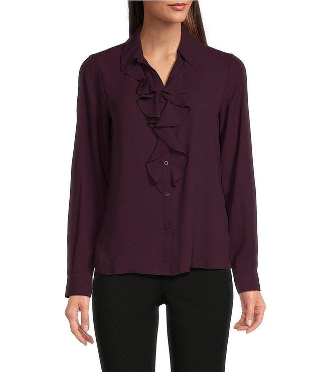 Calvin Klein Petite Size Woven Collared Long Sleeve Ruffle Button Front Blouse Product Image