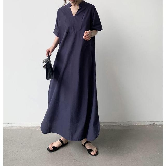 Elbow-Sleeve Stand Collar Plain Maxi Tunic Dress Product Image