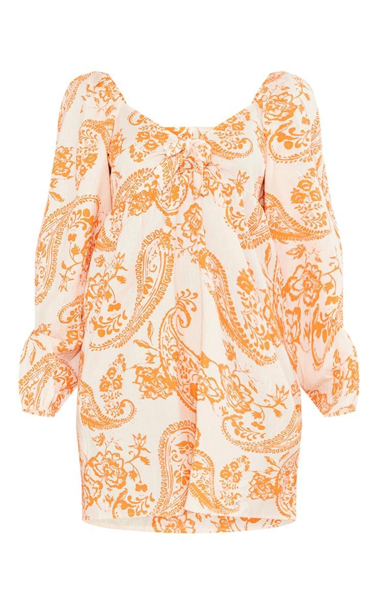 Orange Paisley Print Tie Front Bardot Shift Dress Product Image