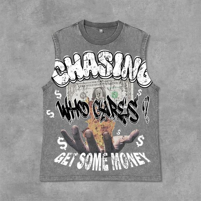 Vintage Chasing Money Graphic Print Acid Washed Street Sleeveless Tank Top Product Image