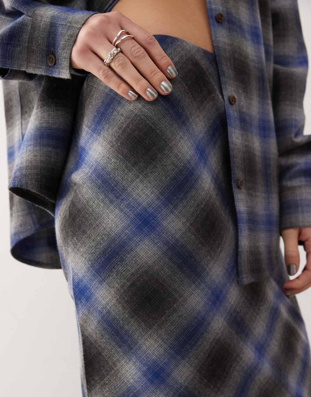 COLLUSION slip maxi skirt in gray and blue check Product Image