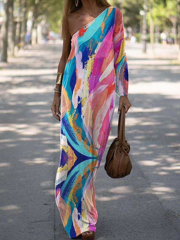 Long Sleeves Loose Asymmetric Elasticity Printed Split-side One-shoulder Maxi Dresses Product Image