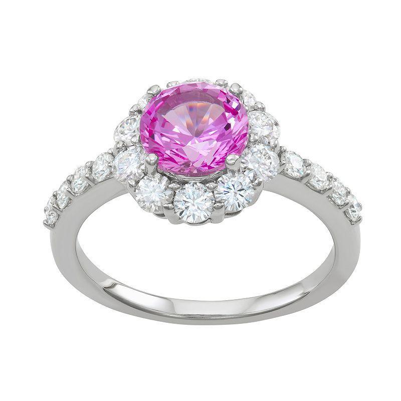 Charles & Colvard 14k White Gold 2 3/4 Carat T.W. Lab-Created Moissanite & Lab-Created Pink Sapphire Halo Ring, Womens 14k Whgold Product Image