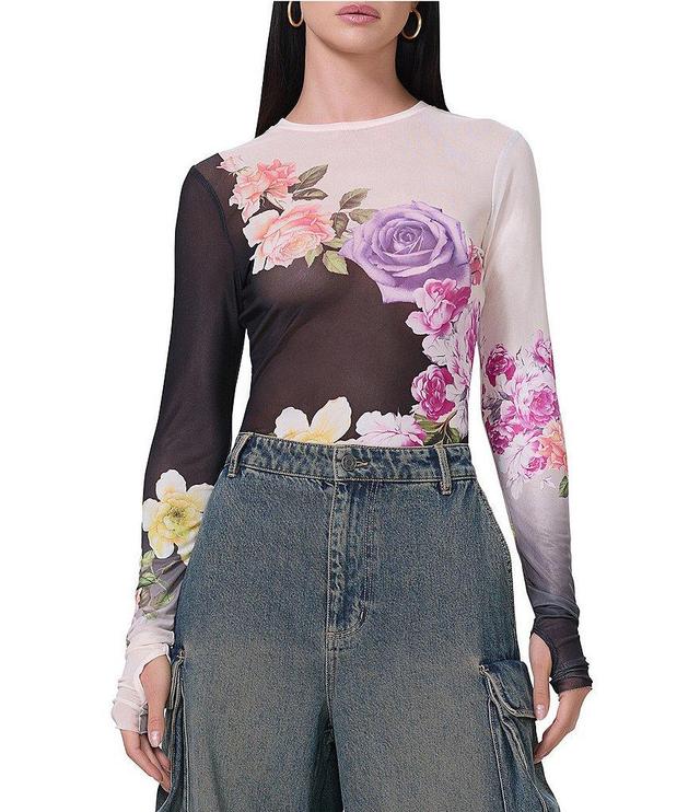 AFRM Kaylee Floral Printed Mesh Crew Neck Long Sleeve Top Product Image