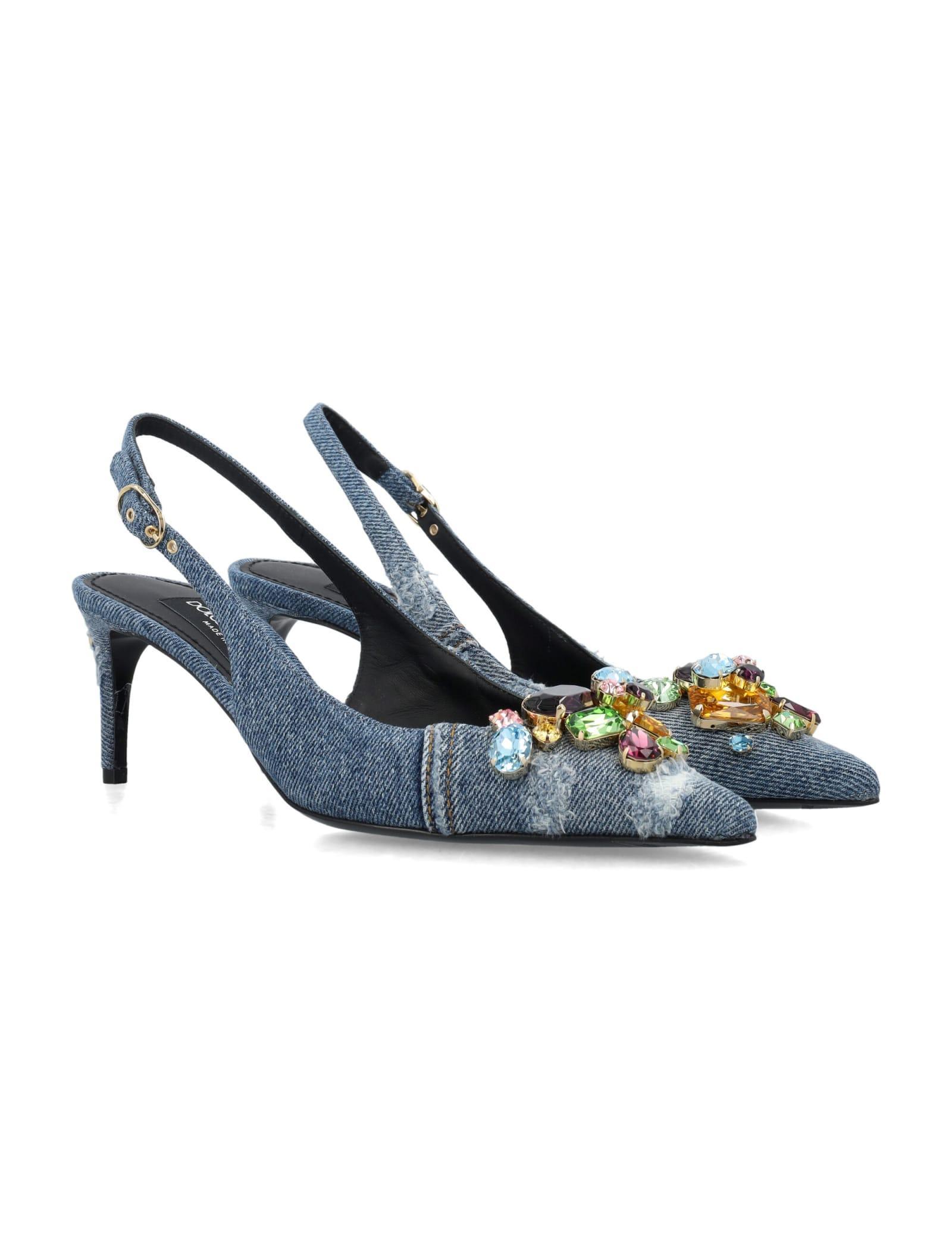 DOLCE & GABBANA Denim Crystal Slingback Pumps In Grey Product Image