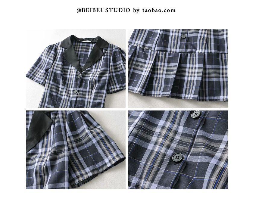 Short-Sleeve Contrast Collar Plaid Button-Up Mini A-Line Dress Product Image